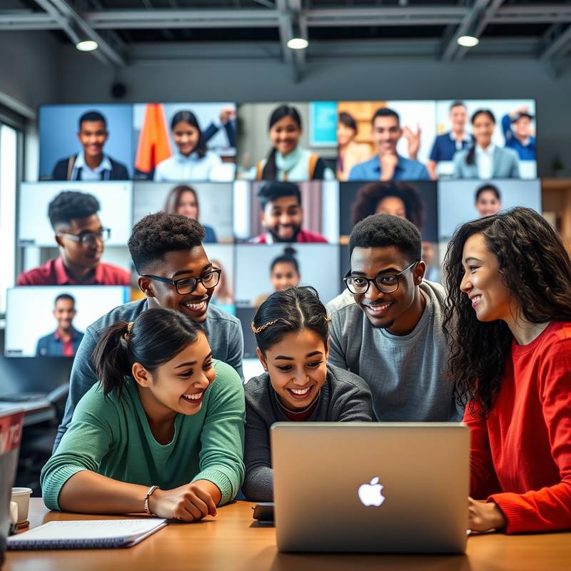A diverse group of students collaborating on a project in a virtual online community, symbolizing the power of online learning communities.