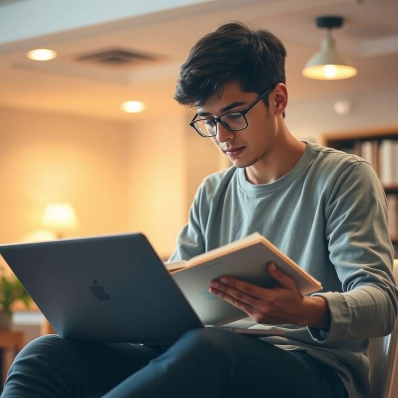 A person studying with a laptop and books, representing online learning.