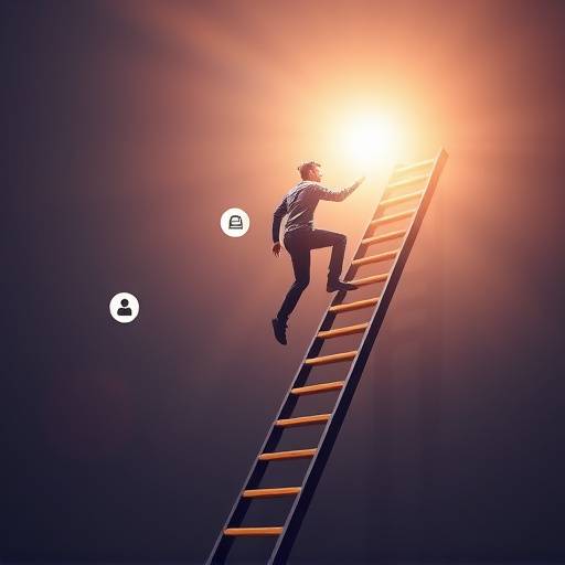 A professional climbing a career ladder with digital icons representing skills and achievements, symbolizing career development.